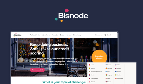 Bisnode credit scoring platform homepage showing secure business solutions and country options