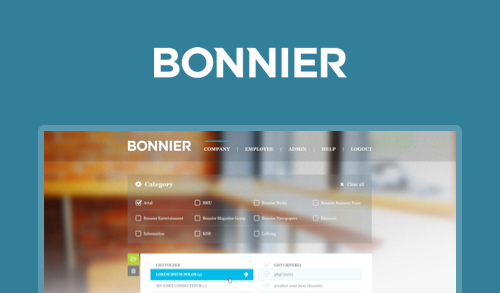 Bonnier company dashboard interface showing category filters and user options