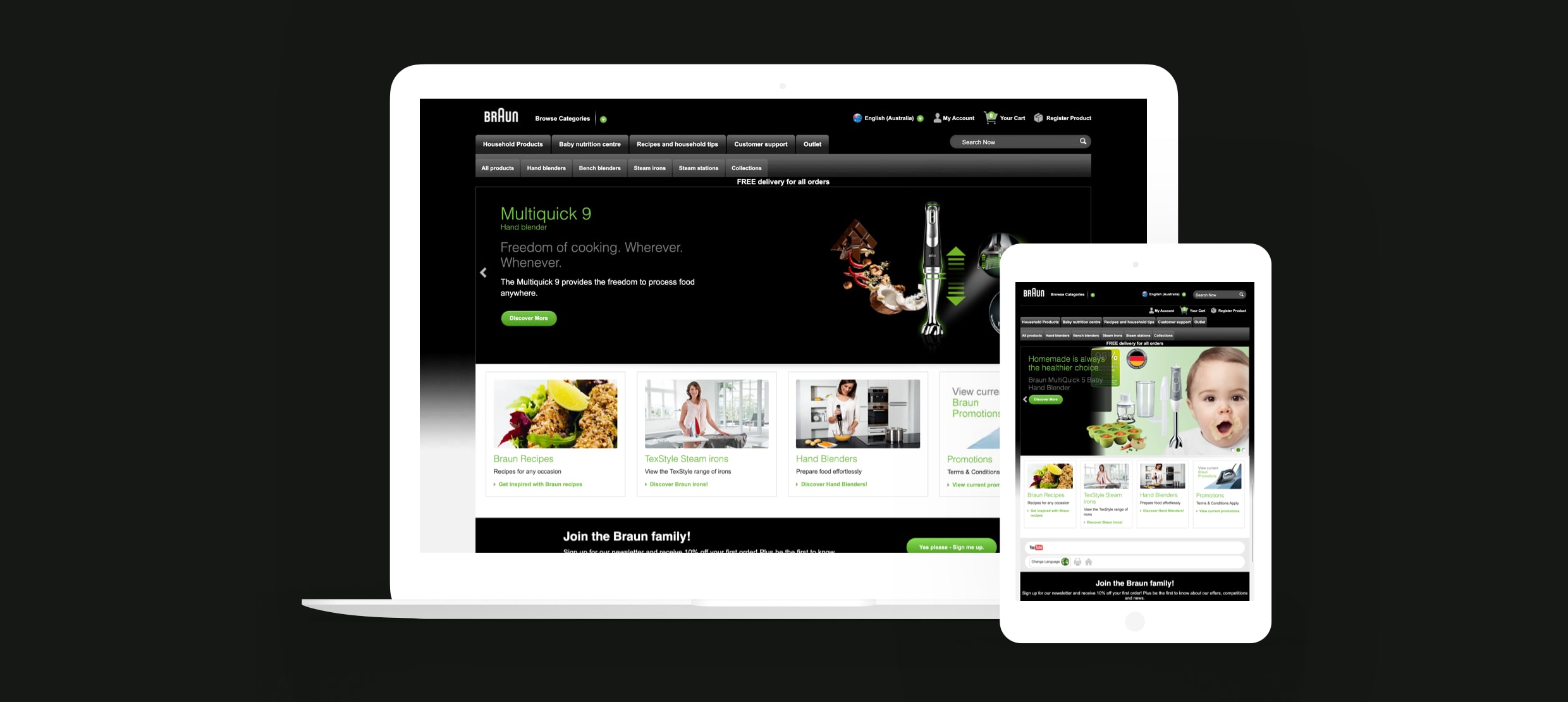 Braun website showing hand blender and kitchen appliances on laptop and tablet