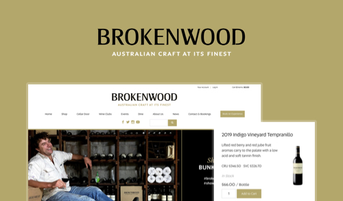 Brokenwood winery website showcasing 2019 Indigo Vineyard Tempranillo wine bottle and pricing