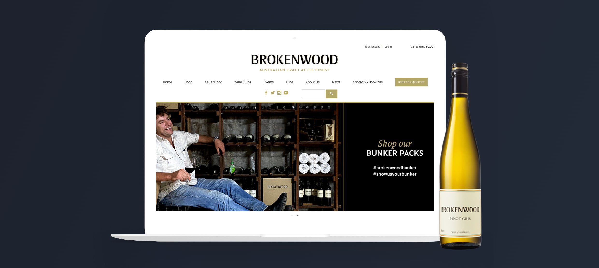 Brokenwood Australian wine website featuring wine cellar and Pinot Gris bottle
