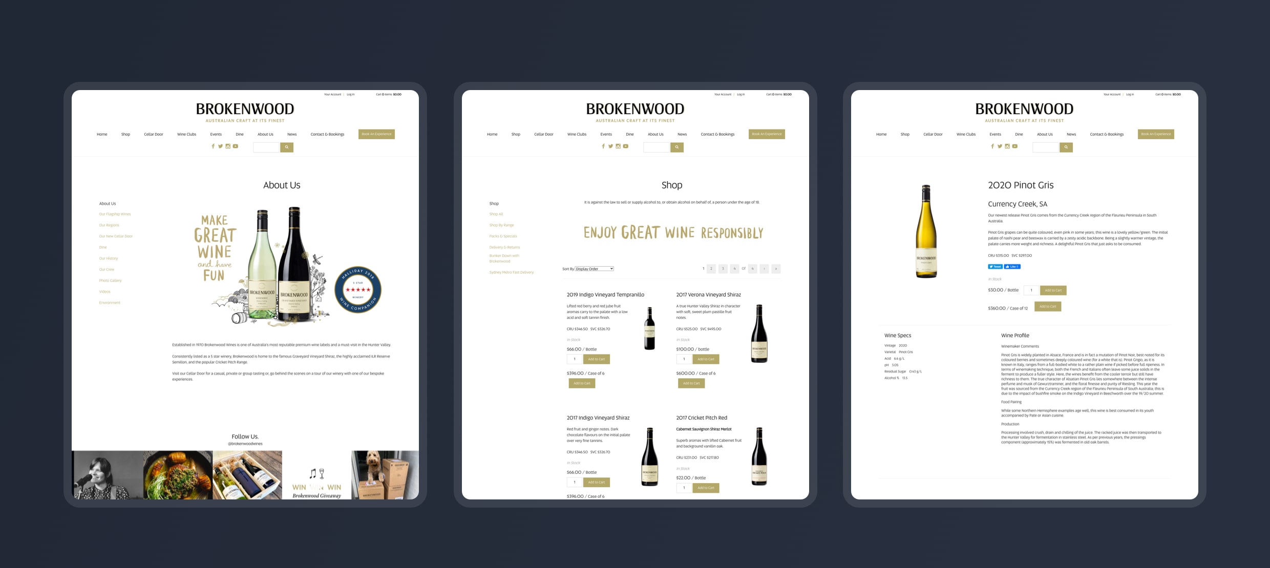 Brokenwood wines About Us, Shop, and 2020 Pinot Gris product details pages