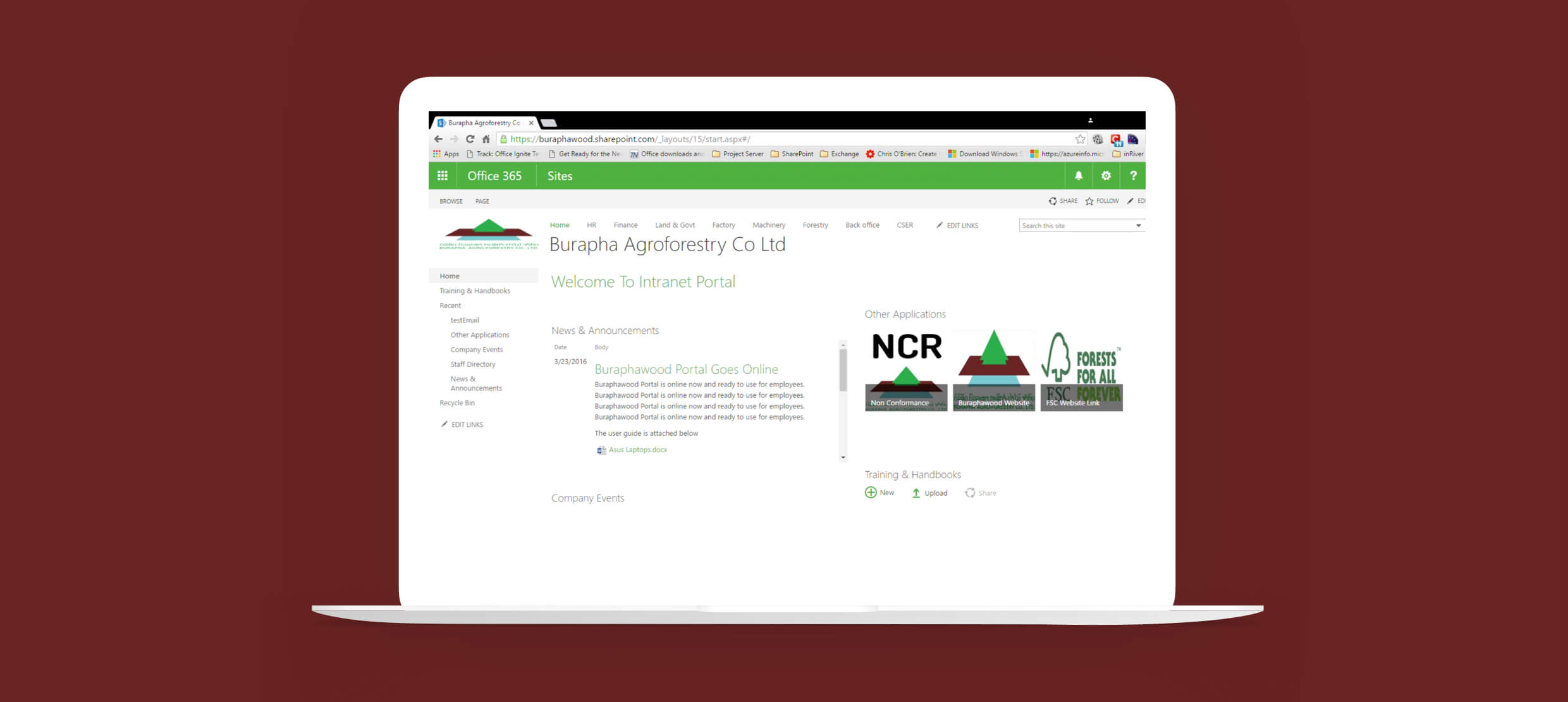 Burapha Agroforestry Co Ltd intranet portal homepage on a laptop screen