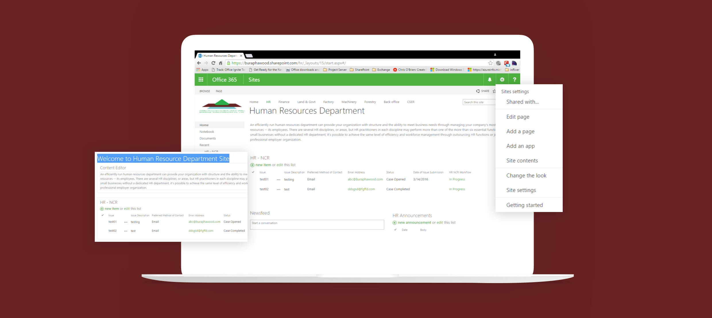 Human Resources Department SharePoint site with HR case tracking and settings menu