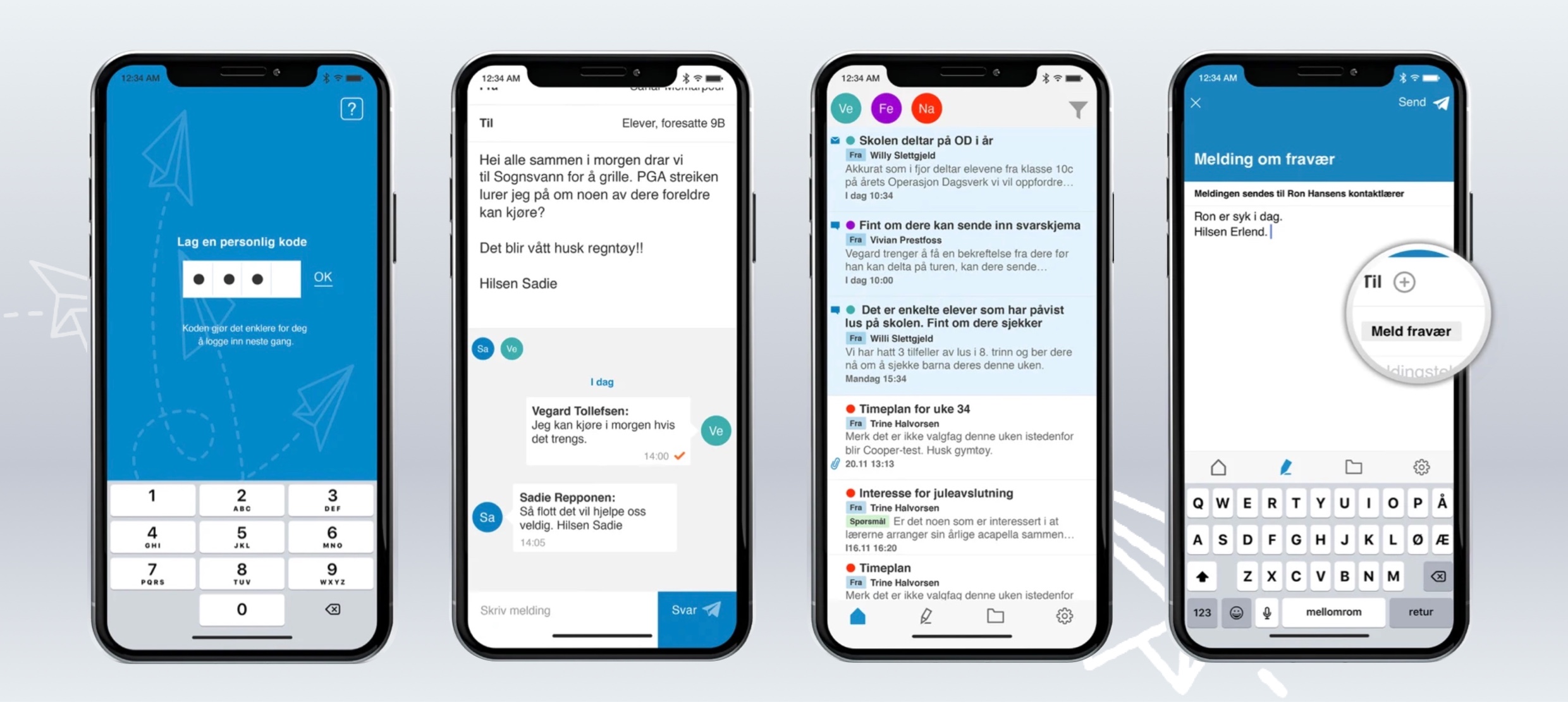 Login, messaging, notifications, and absence reporting in the school communication app