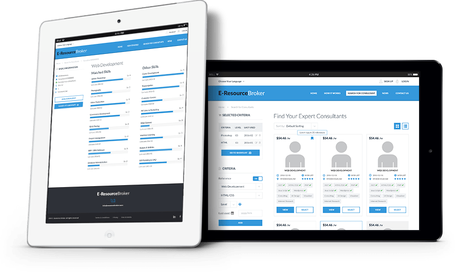 E-Resource Broker platform showing consultant search and web development skills on tablets