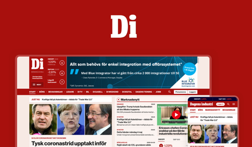 Swedish business news website Dagens Industri homepage with headlines and articles