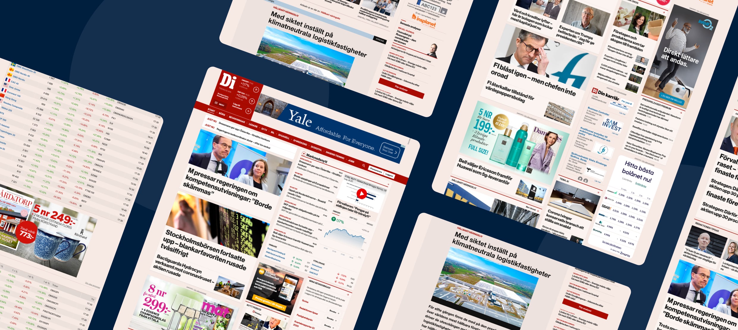 Swedish business news headlines on climate-neutral logistics and stock market updates