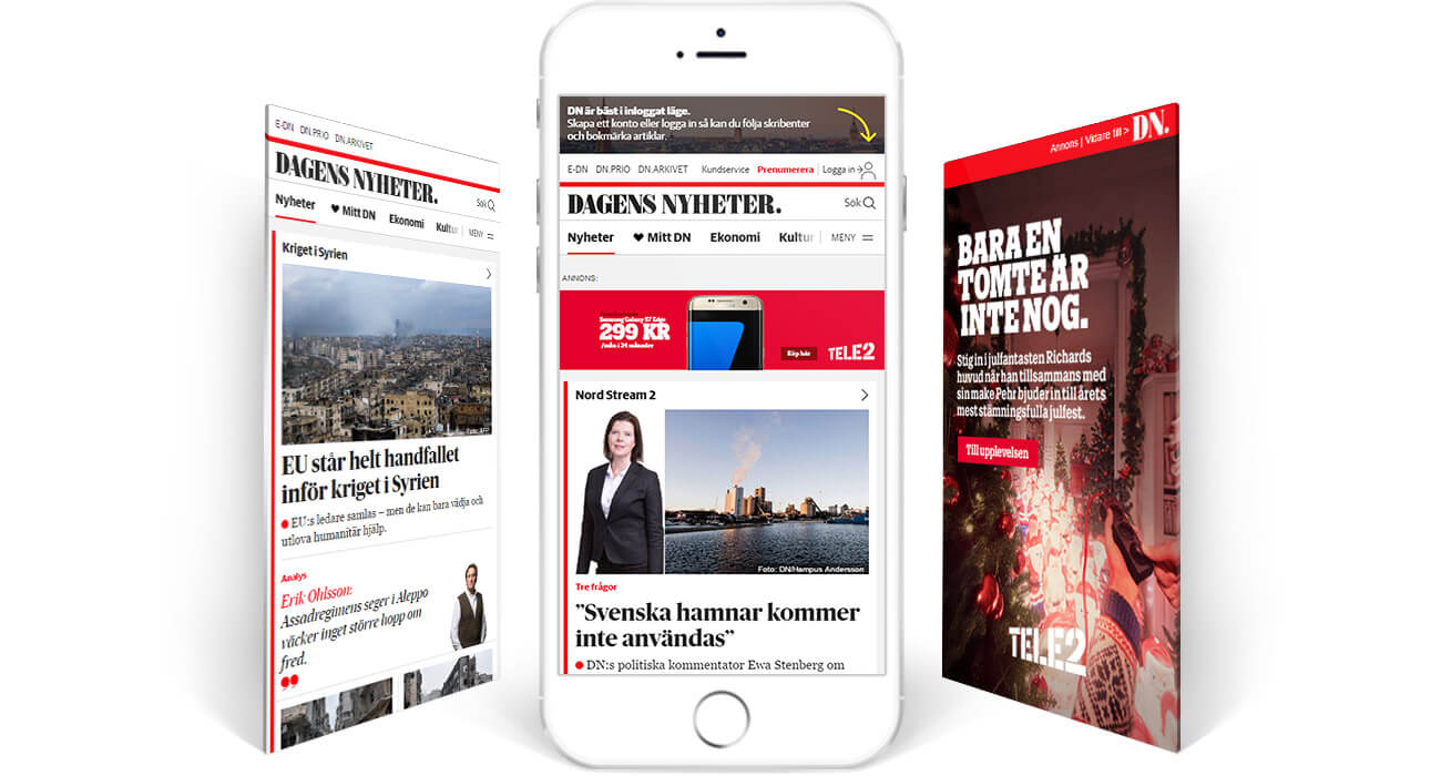 Dagens Nyheter news articles and Tele2 holiday ad displayed on mobile phone screen