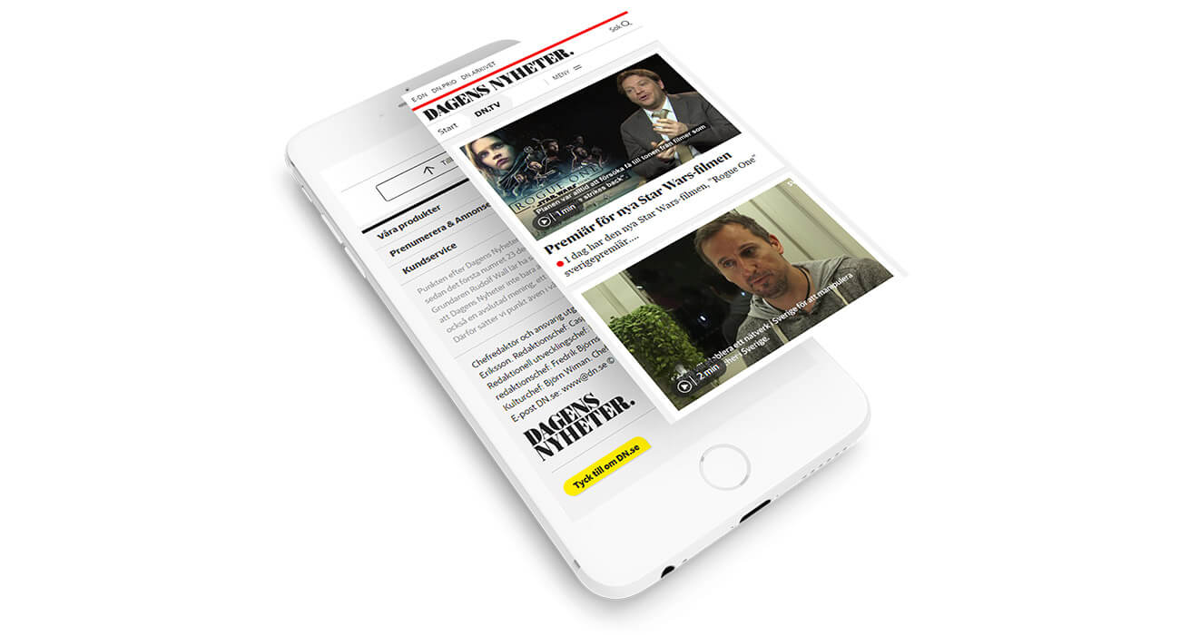 Dagens Nyheter mobile app showing news and video content on smartphone screen