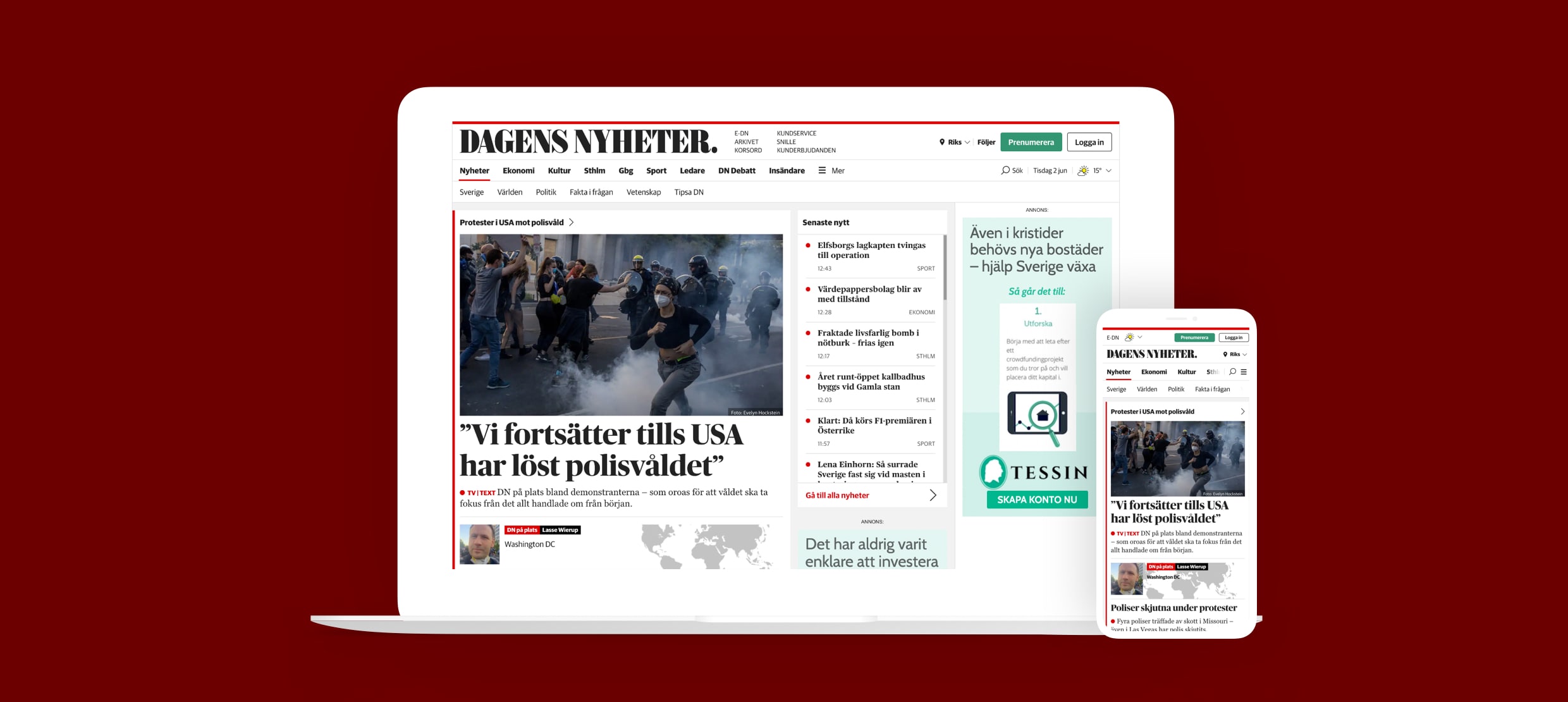 Dagens Nyheter digital edition showing US police violence protests headline