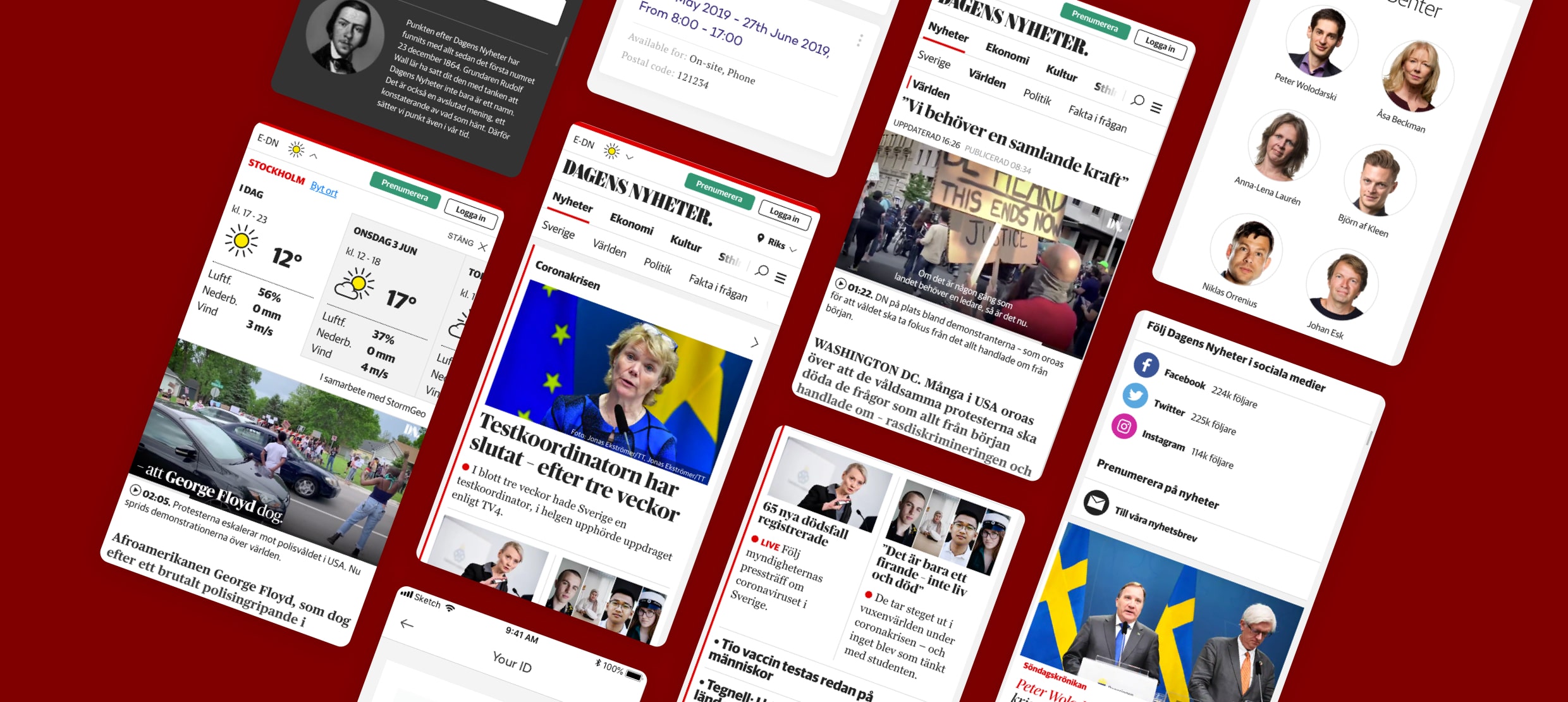 Dagens Nyheter mobile news app screens showing headlines, weather, and updates