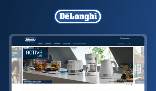 DeLonghi kitchen appliances including coffee maker, kettle, and toaster on counter
