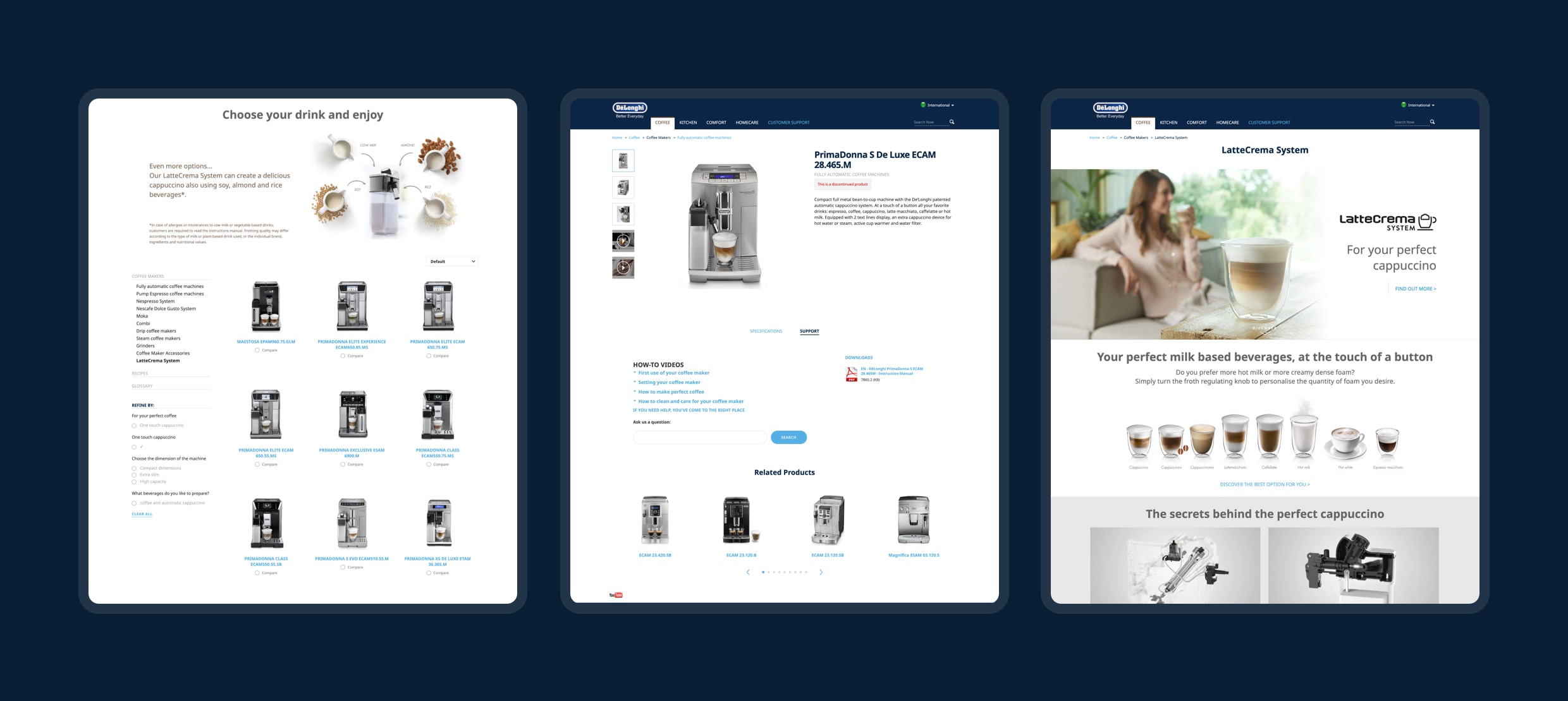 De'Longhi LatteCrema System and coffee makers showcasing perfect milk-based beverages.