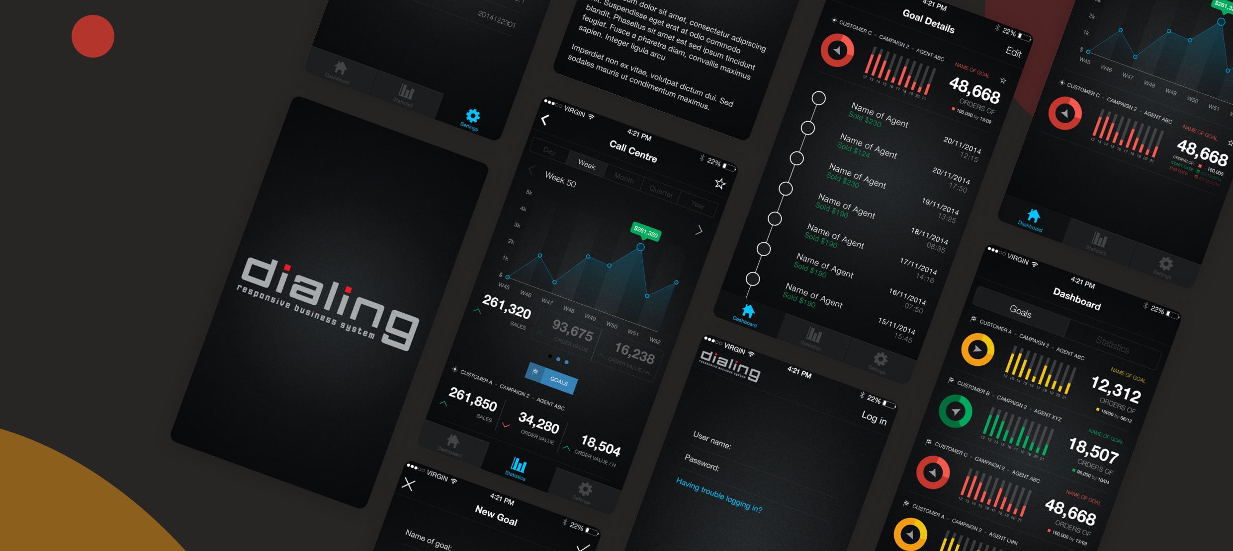 Dialing responsive business system app screens showing sales, goals, and dashboard data