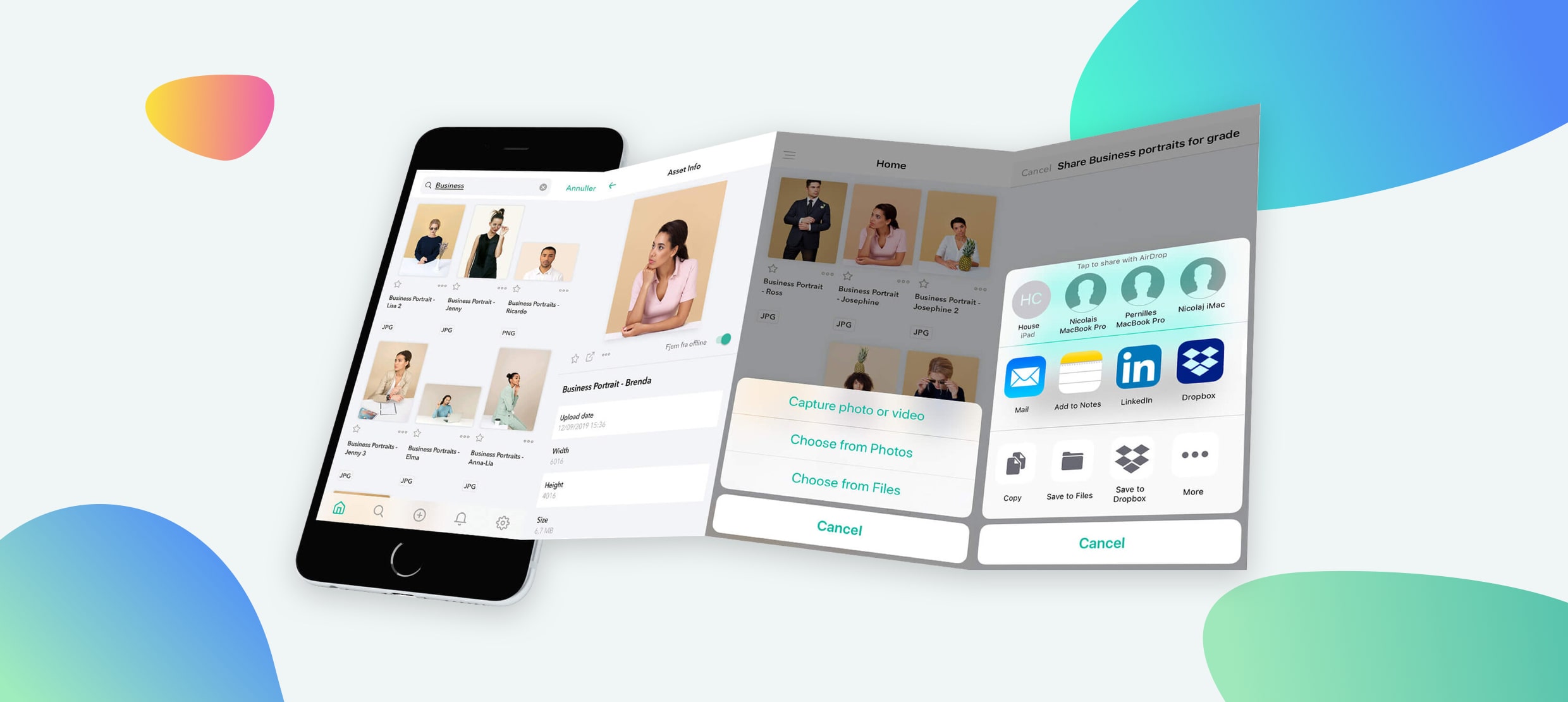 Business portraits app on smartphone showing photo selection and sharing options