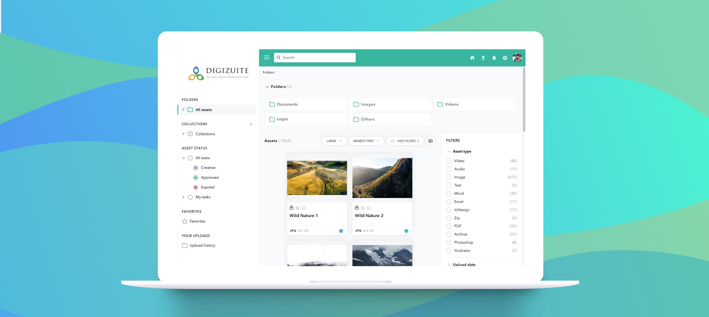 Digizuite digital asset management interface showing folders and asset filters