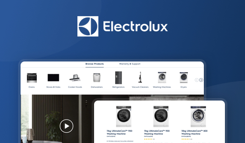 Electrolux appliances navigation menu and washing machine product listings display