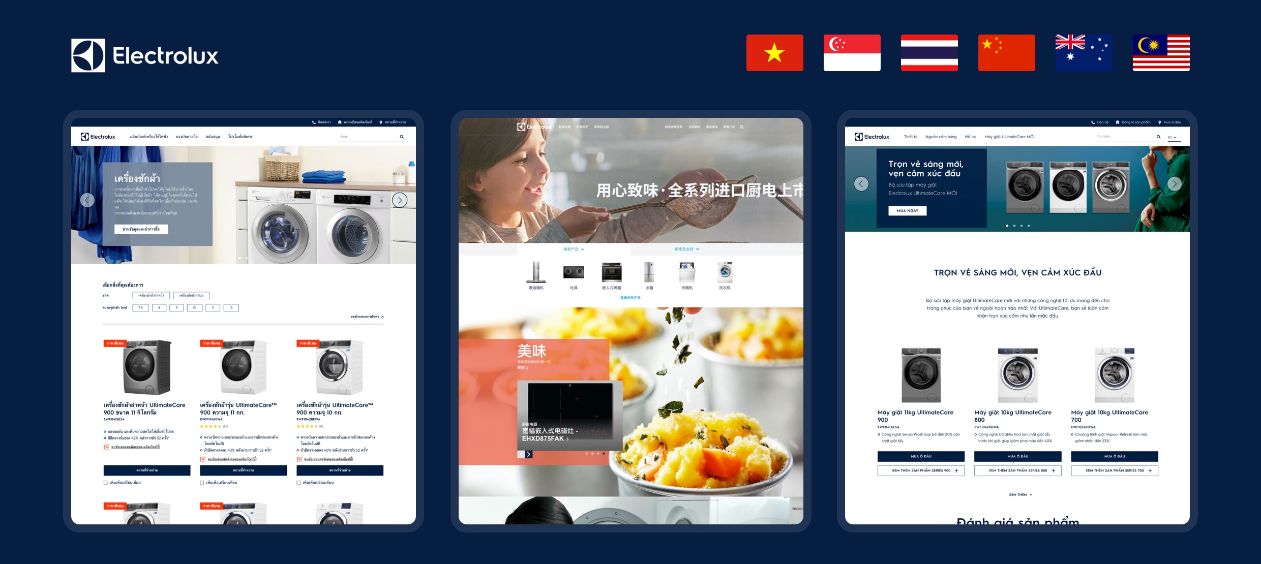 Electrolux washing machines product pages with Asian country flags navigation