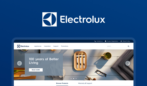 Electrolux website homepage showcasing kitchenware and 100 years of Better Living