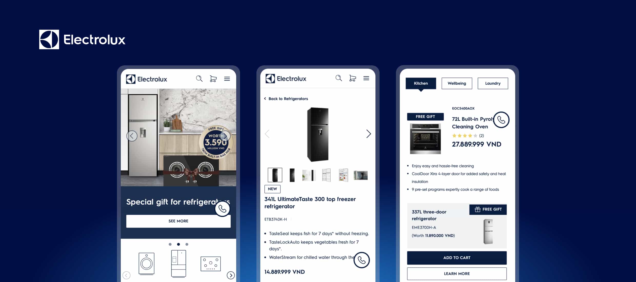Electrolux refrigerator and oven product listings with prices and gifts on mobile screens
