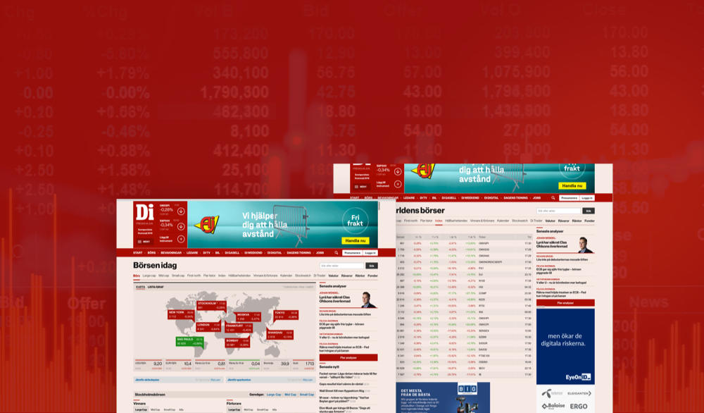 Stock market data and global indices performance on Dagens Industri page