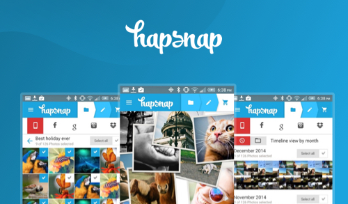 Hapsnap app interface showing photo gallery and editing features on mobile screens