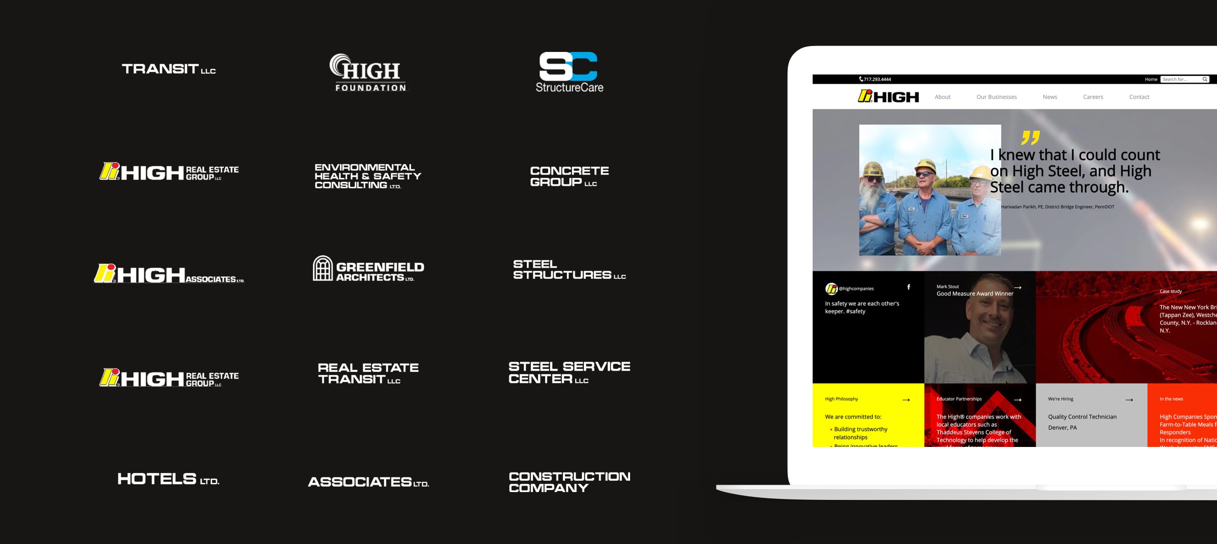 High Steel group logos and a testimonial on their construction company website page
