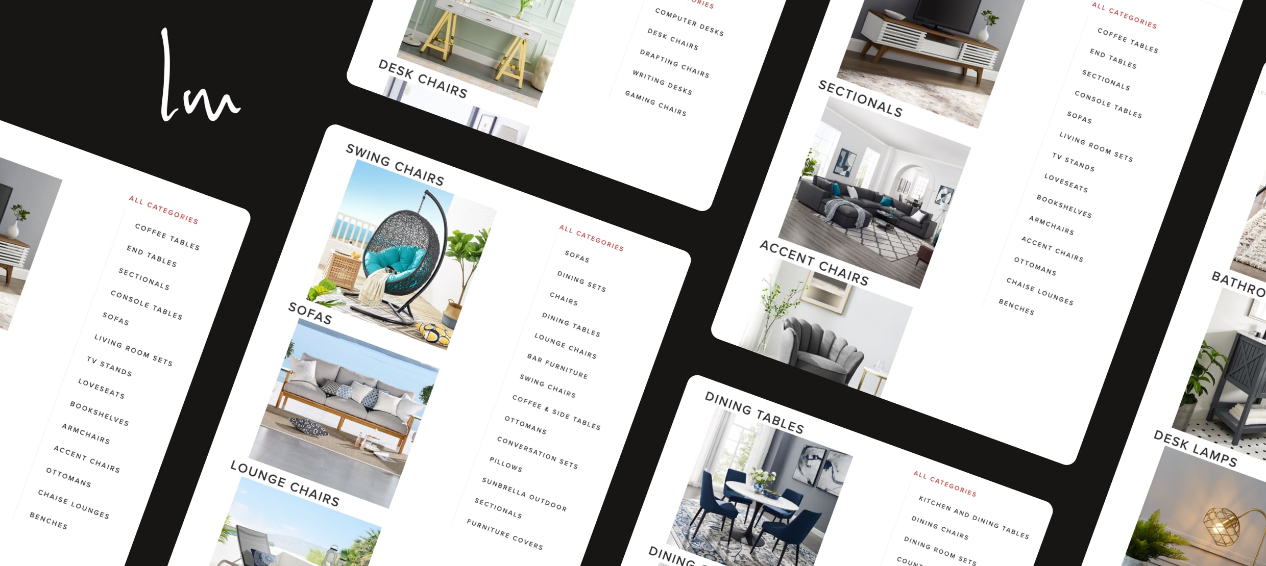 Modern furniture catalog showcasing categories like sofas, swing chairs, accent chairs, and dining tables