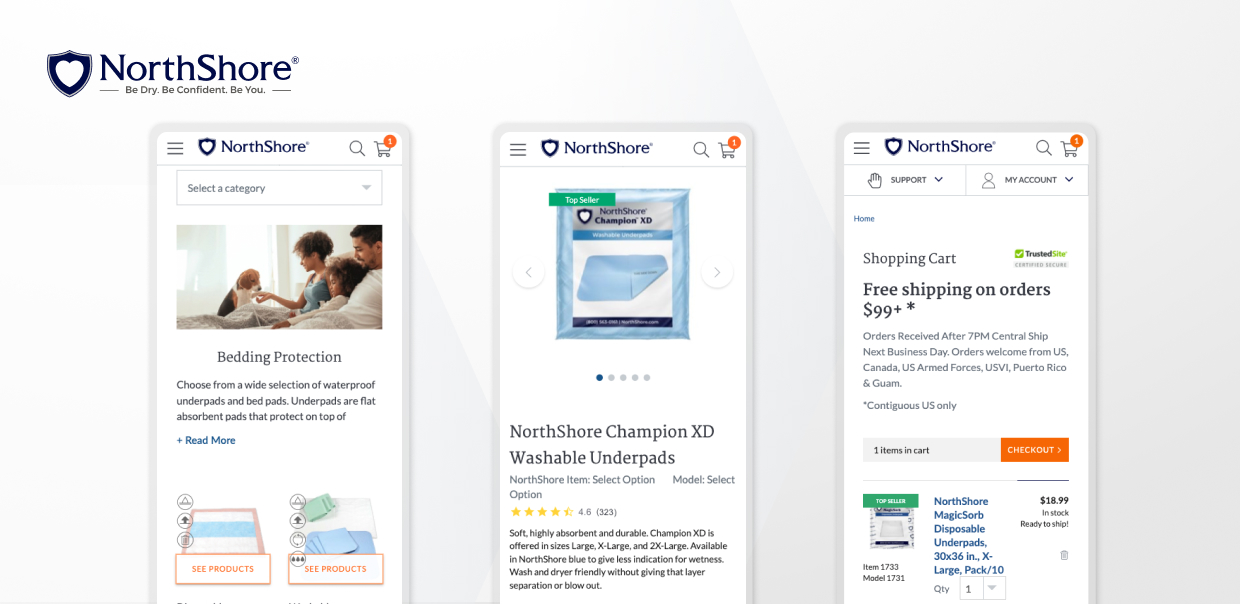 NorthShore website showing bedding protection, Champion XD underpads, and cart checkout.