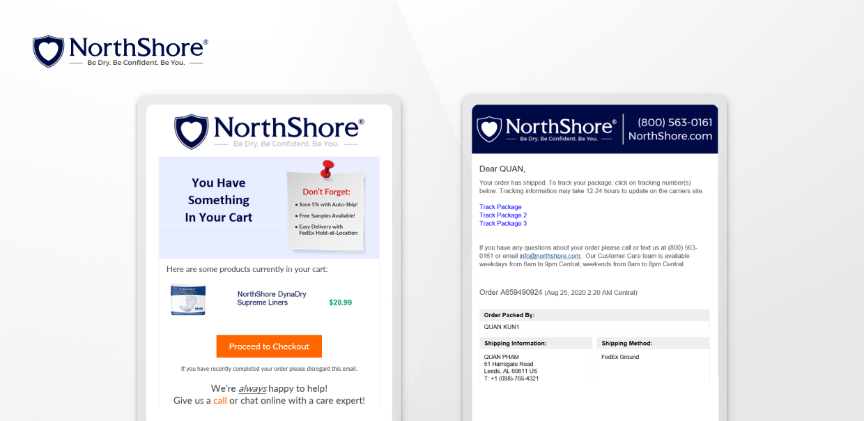NorthShore email showing cart reminder and order shipment tracking details