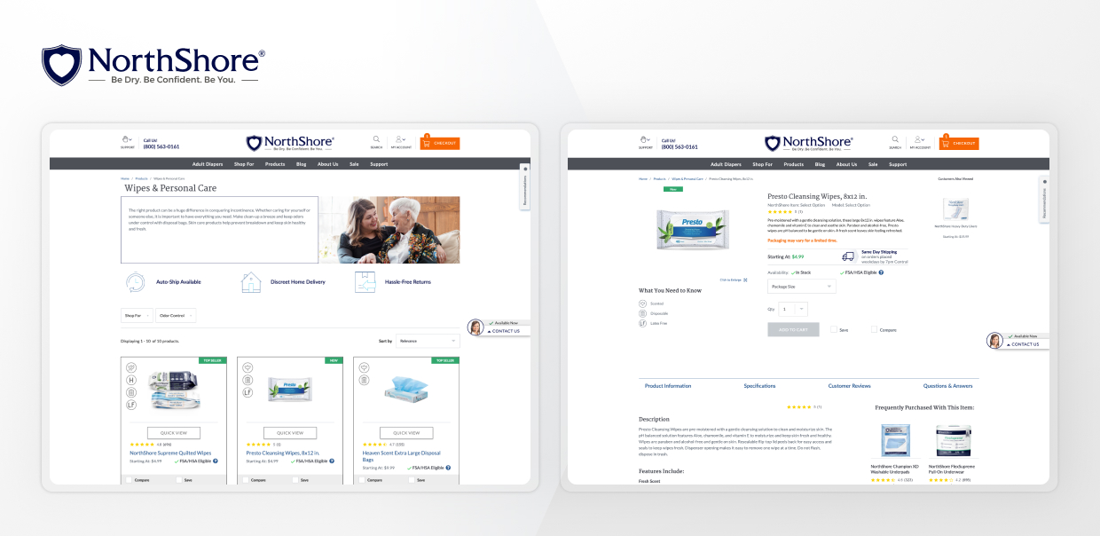 NorthShore adult care wipes product pages showing Presto cleansing wipes details