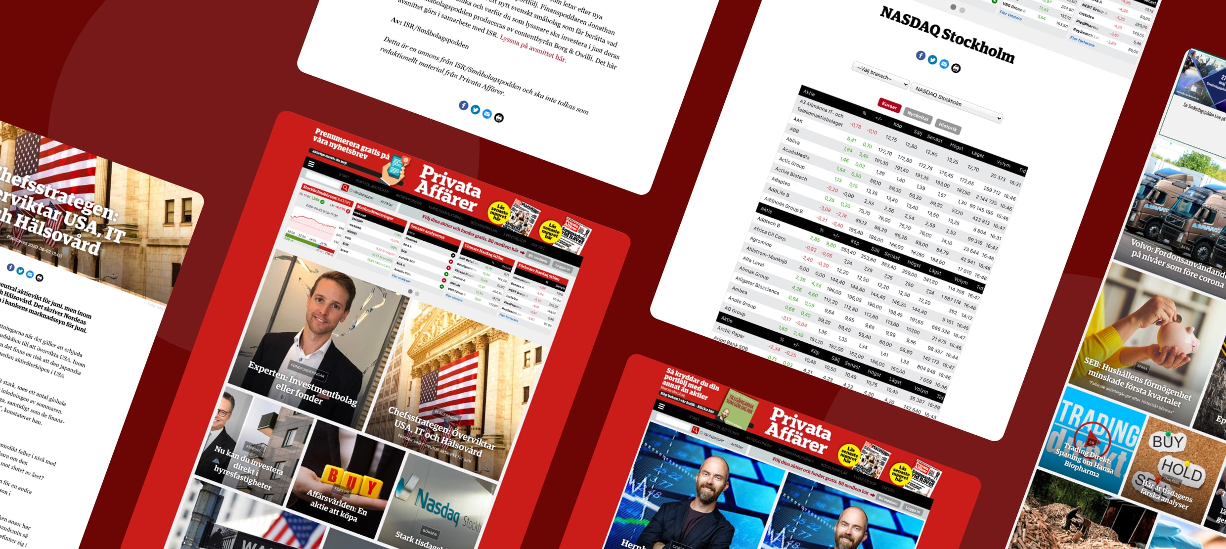 Screenshots of Privata Affärer financial news, stock market data, and investment articles.