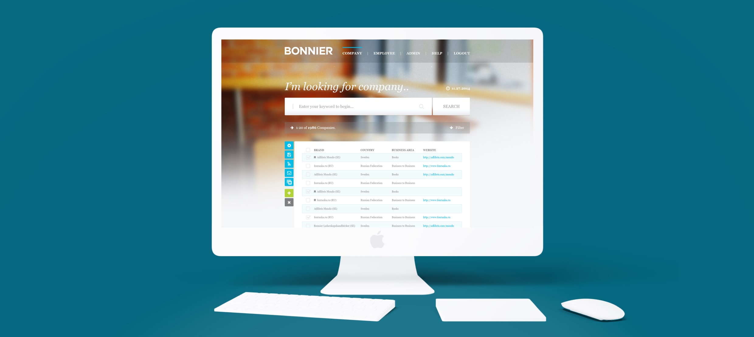 Company search interface on desktop showing business listings and navigation options