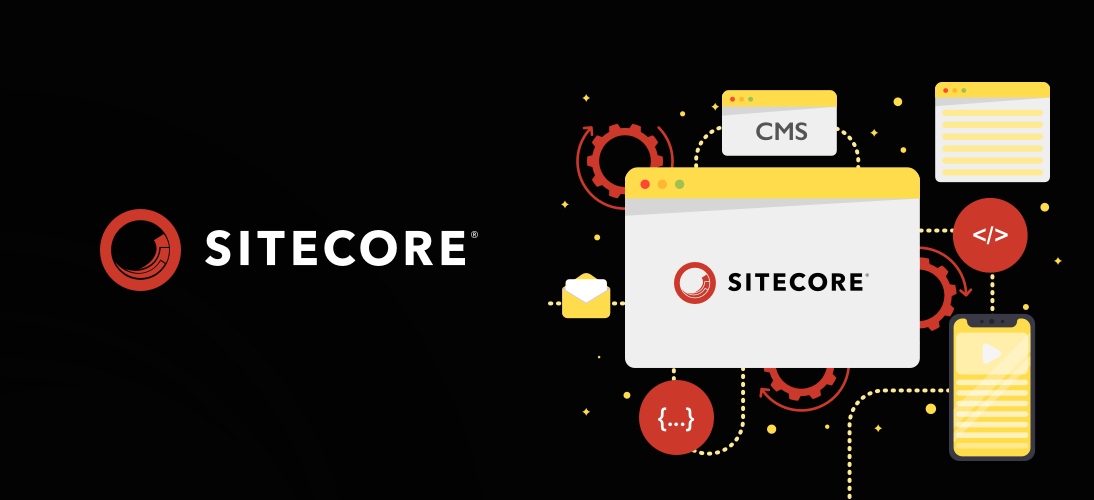 Sitecore CMS platform integrating web content, coding, and digital tools icons