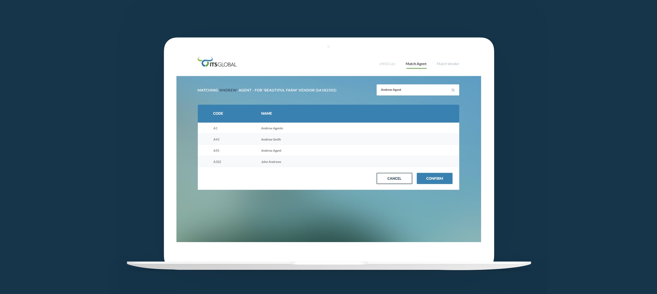Laptop screen displaying ITS Global agent matching interface for vendor "Beautiful Farm