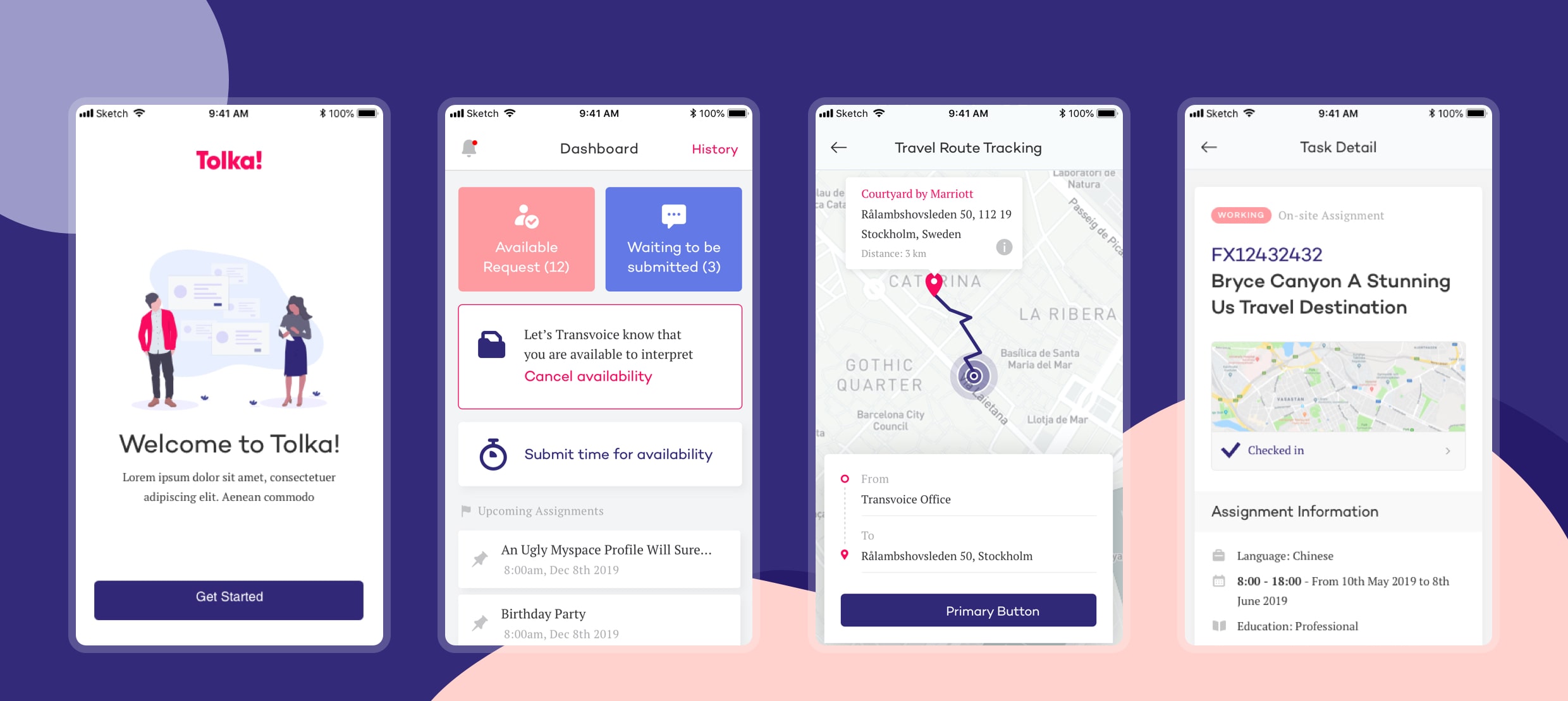 Tolka app interface showing welcome, dashboard, travel route tracking, and task detail screens