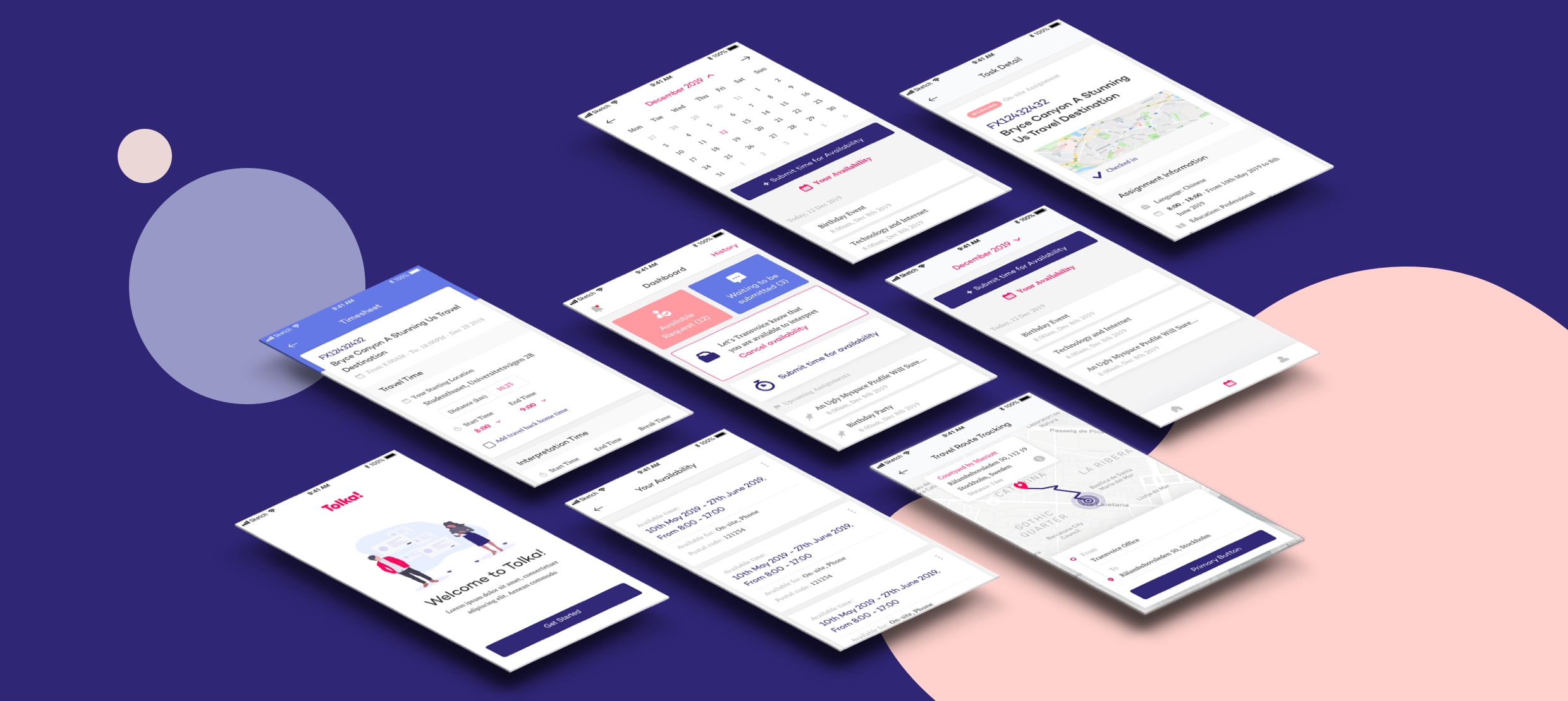 Tolka mobile app interface showcasing travel booking, task detail, and scheduling features