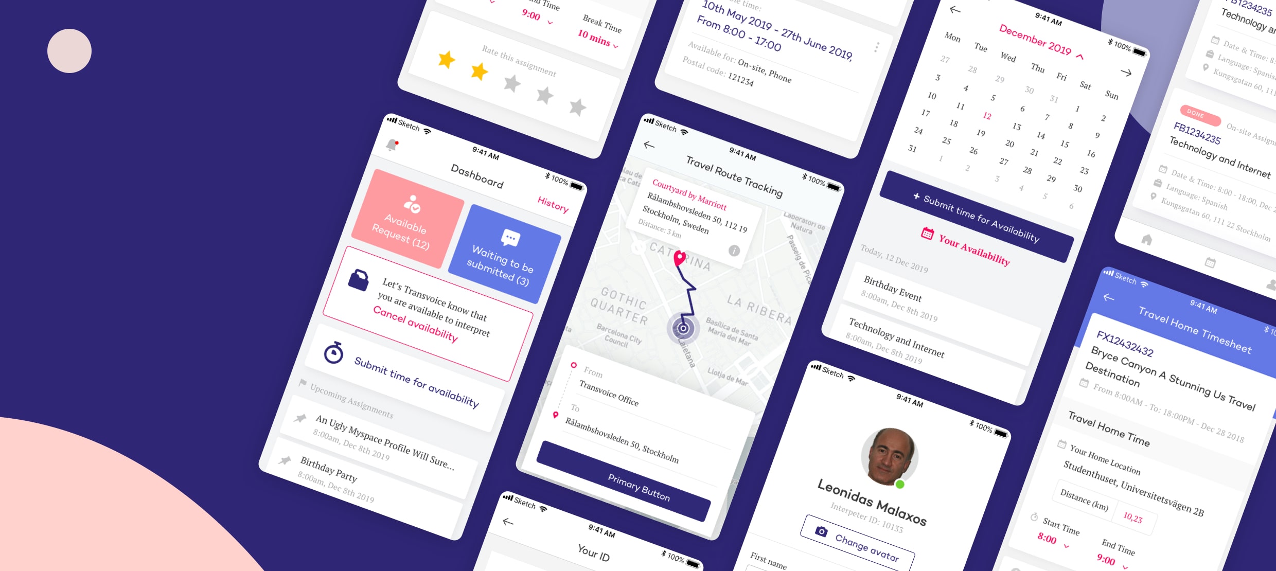 Mobile app interface showing interpreter scheduling, availability, and travel tracking