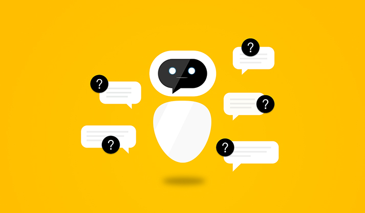 Chatbot icon surrounded by question mark message bubbles on yellow background
