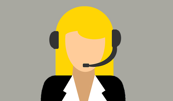 Customer support agent with headset and blonde hair on gray background