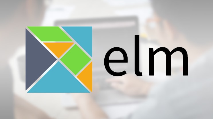 Elm programming language logo with colorful geometric shapes and text
