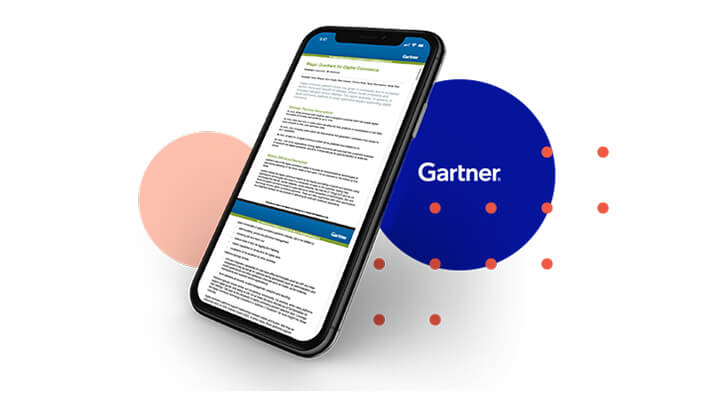 Smartphone displaying Gartner report with key insights on digital transformation.