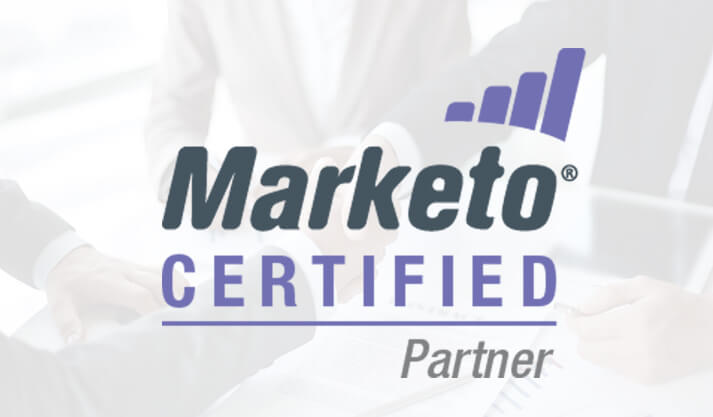 Marketo Certified Partner logo with business professionals collaborating in background
