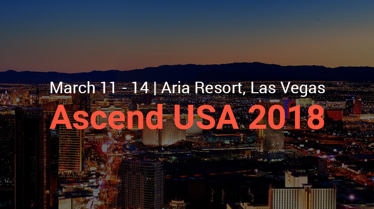 Las Vegas skyline at dusk promoting Ascend USA 2018 event at Aria Resort