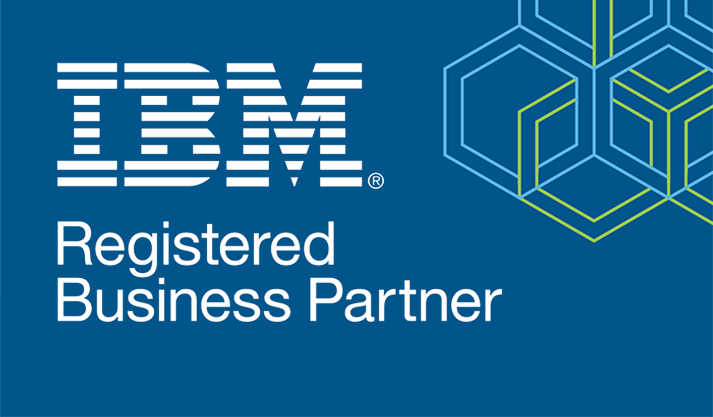 IBM Registered Business Partner logo with geometric design on blue background