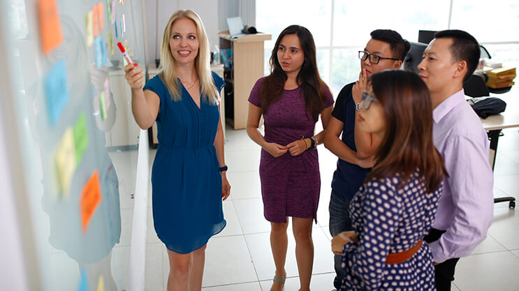 Team brainstorming session with diverse professionals using sticky notes on whiteboard