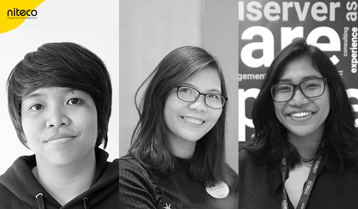 Three Niteco team members smiling, showcasing diverse tech professionals and company culture