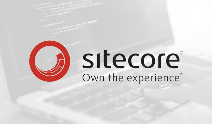 Sitecore logo with tagline Own the experience on blurred coding background